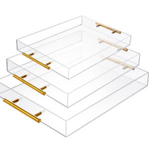 3 Pack Clear Acrylic Serving Tray with Gold Handles Serving Tray Spill Proof ...